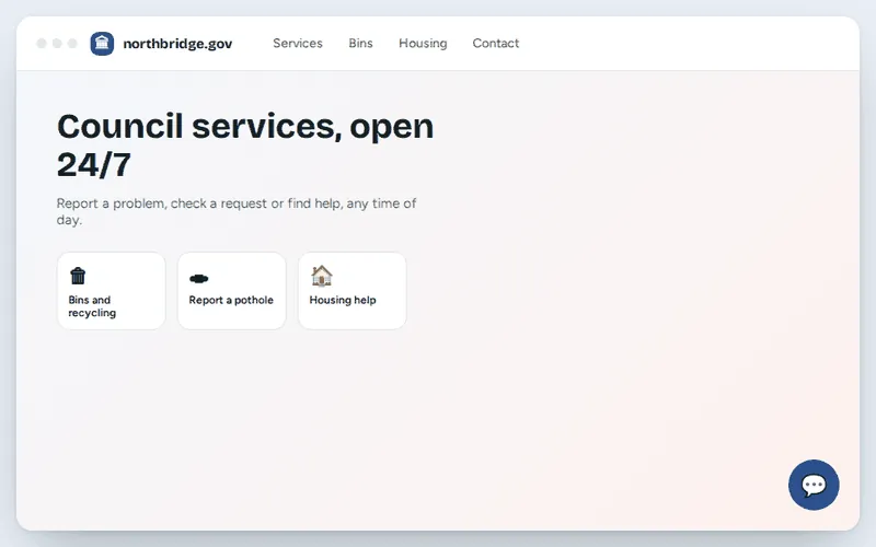 Animation: a council website chatbot answers a question with its source, then hands a housing question to a person